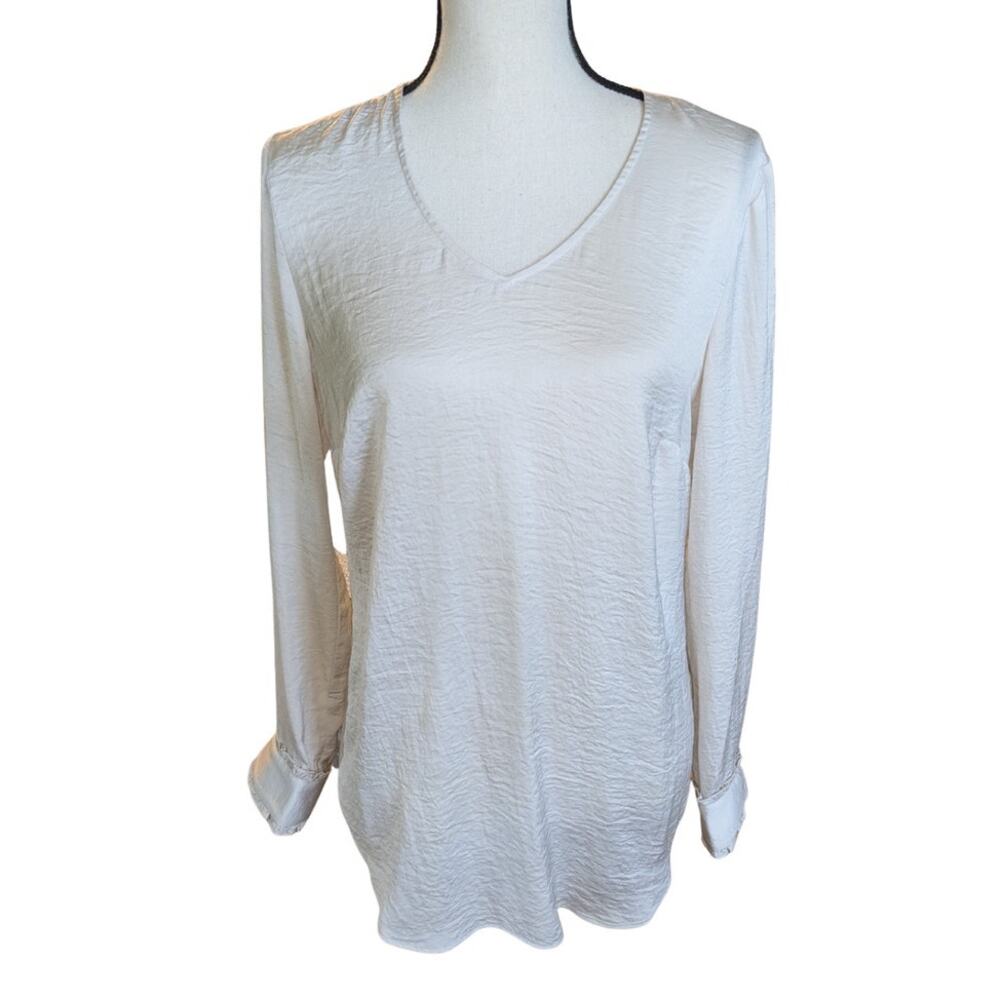 CAbi Blouse, Long-Sleeve, Pearl White, V-Neck, Ruffle Cuffs, sz S/M